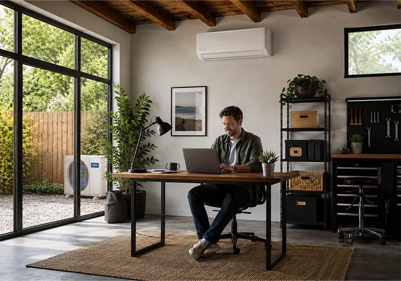 Man working at a desk in his home office with white DIY® Select air handler on the wall behind him
