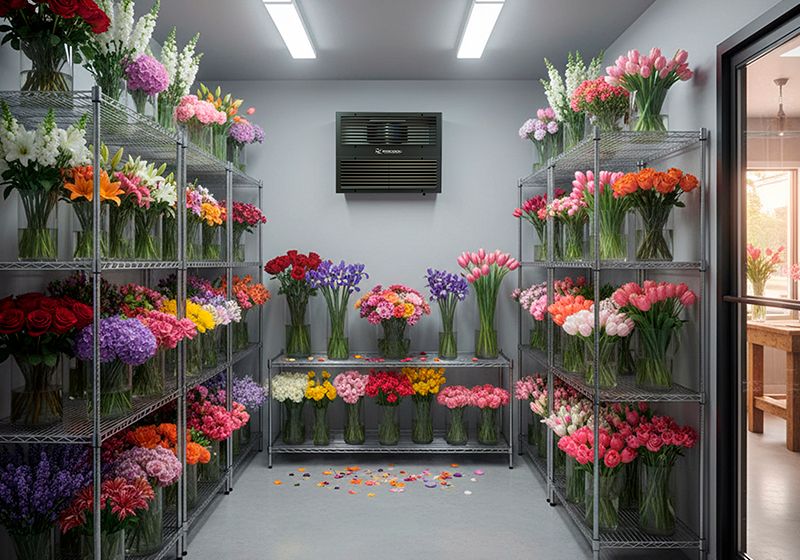 Compact Refrigeration System with shelves of a florist's flowers in vases.