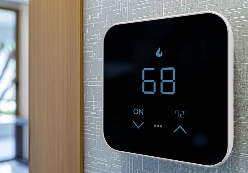 Smart WiFi Thermostat installed on a gray wall background