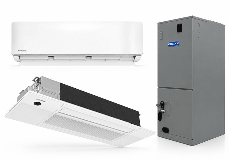 Image containing a wall mounted air handler, a ceiling cassette, and a ducted air handler