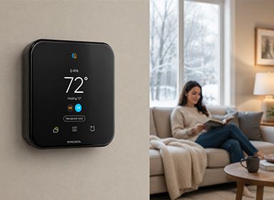 A MRCOOL thermostat on a living room wall