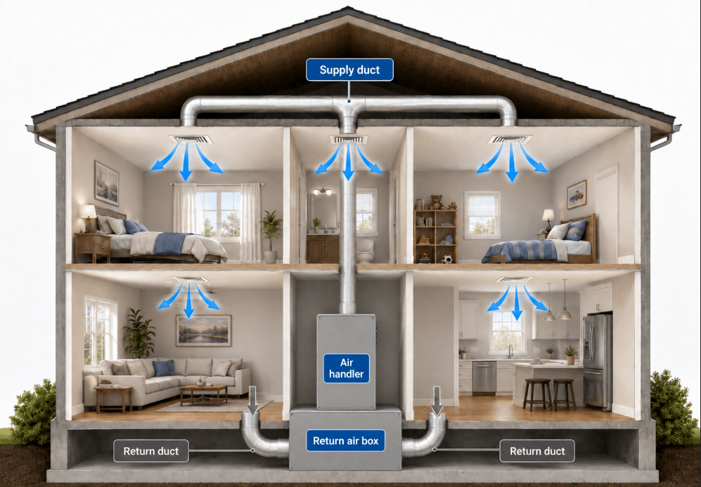 house where interior is transparently shown to communicate where and how ducted systems operate