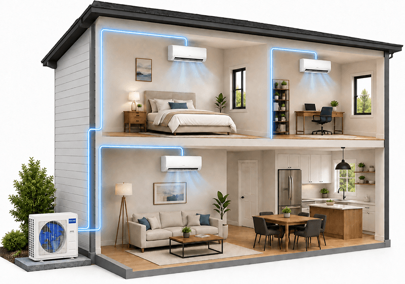 shows a home's interior with a ductless multi-zone mini-split system