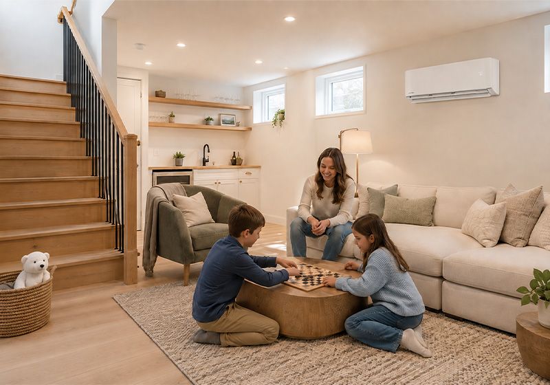 family enjoying finsihed basement with mini-split