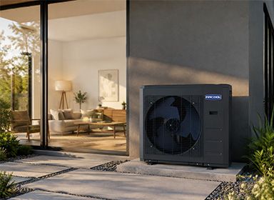 A MRCOOL Universal condenser on a home's back porch