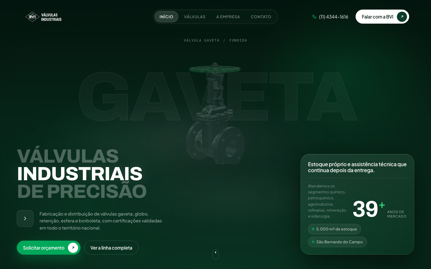 Home do site da BVI Válvulas Industriais, com a linha gaveta em destaque