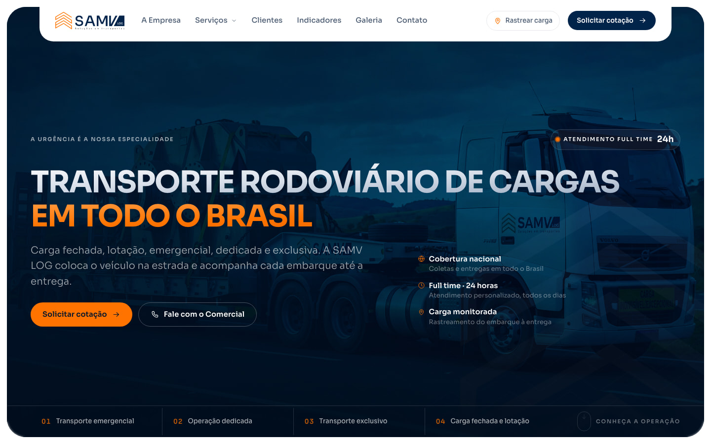 Home do site da SAMV LOG, com carreta na estrada e chamada para cotação