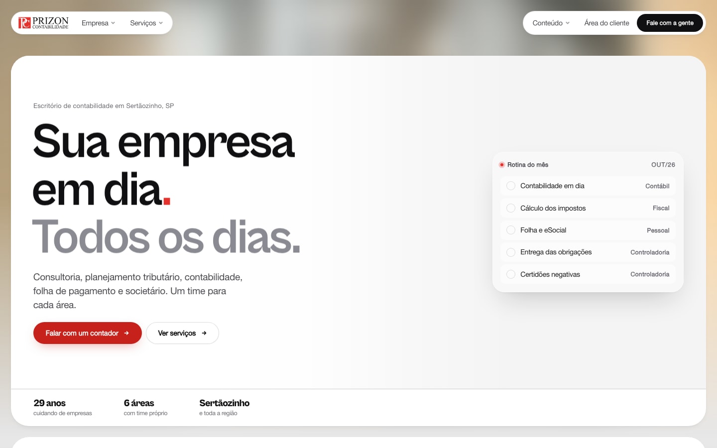 Home do site da Prizon Contabilidade, com a chamada Sua empresa em dia