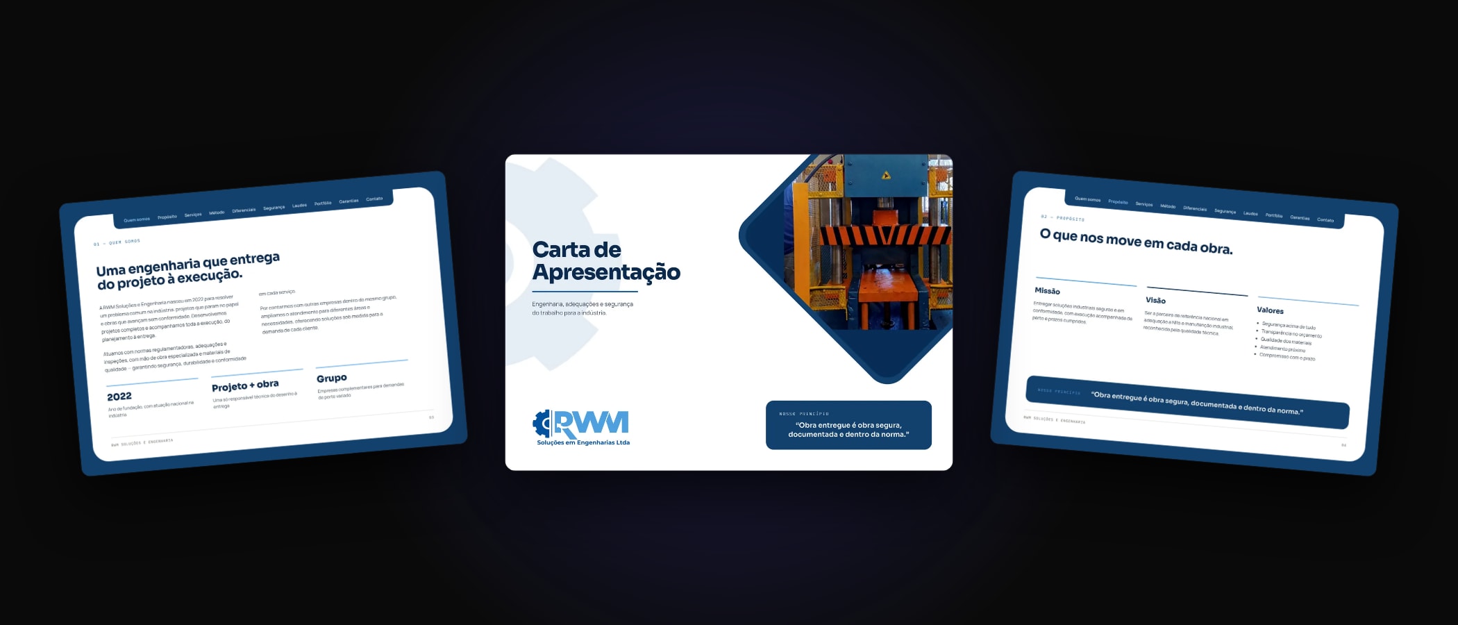 Carta de apresentação da RWM Engenharia aberta em três páginas