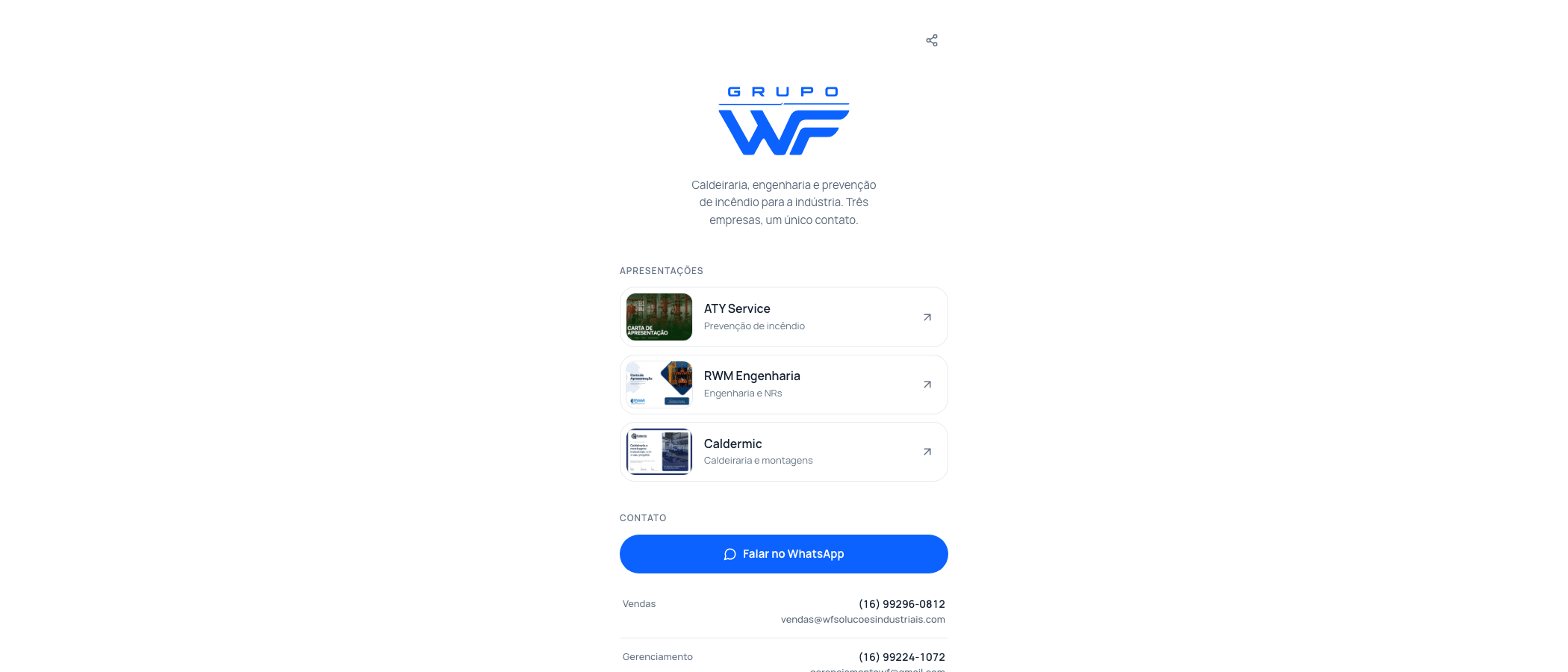 Página do Grupo WF com as três apresentações e os contatos