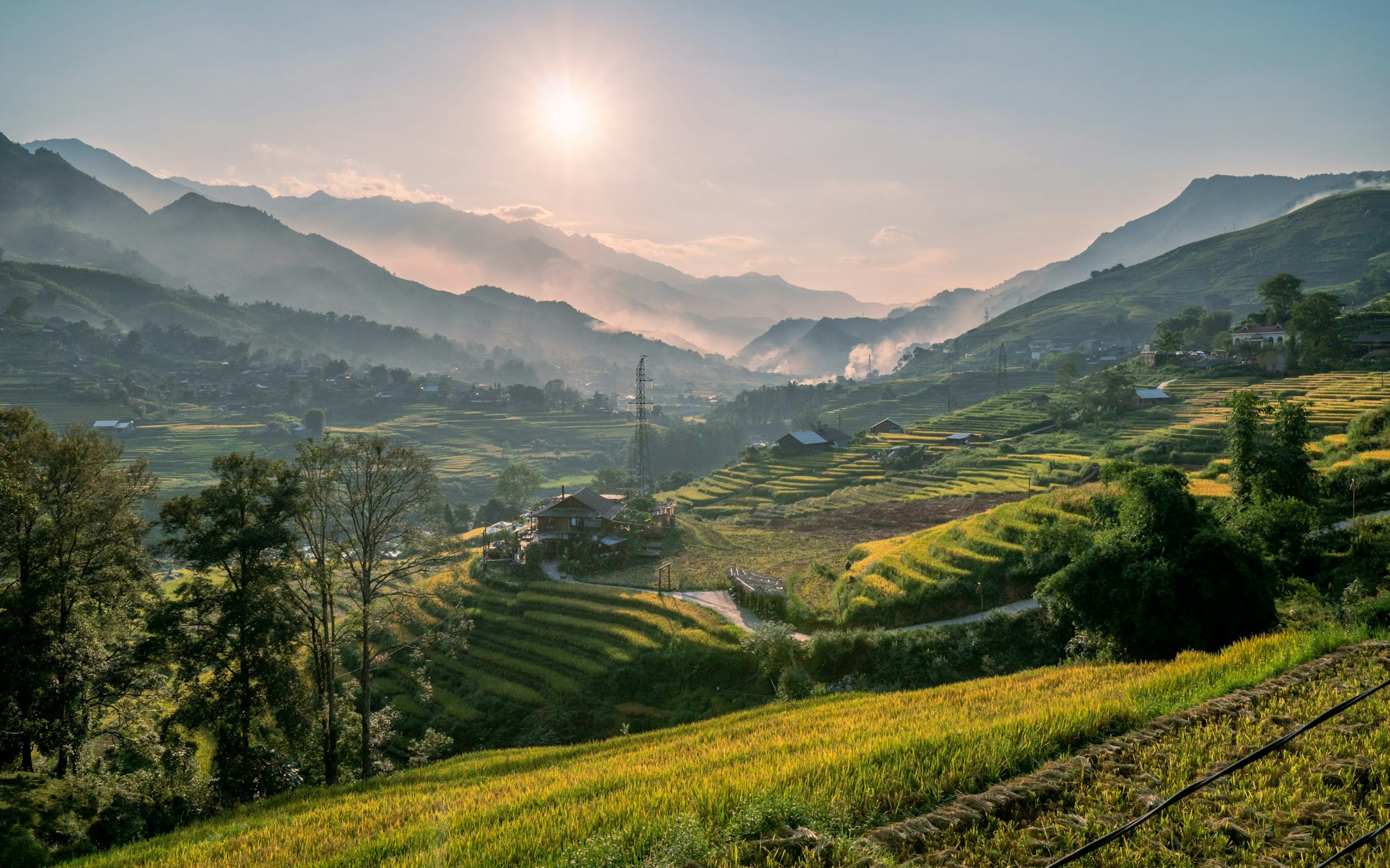 A valley of rice terraces at sunrise with mist between the ridges and a hamlet on the slope below.