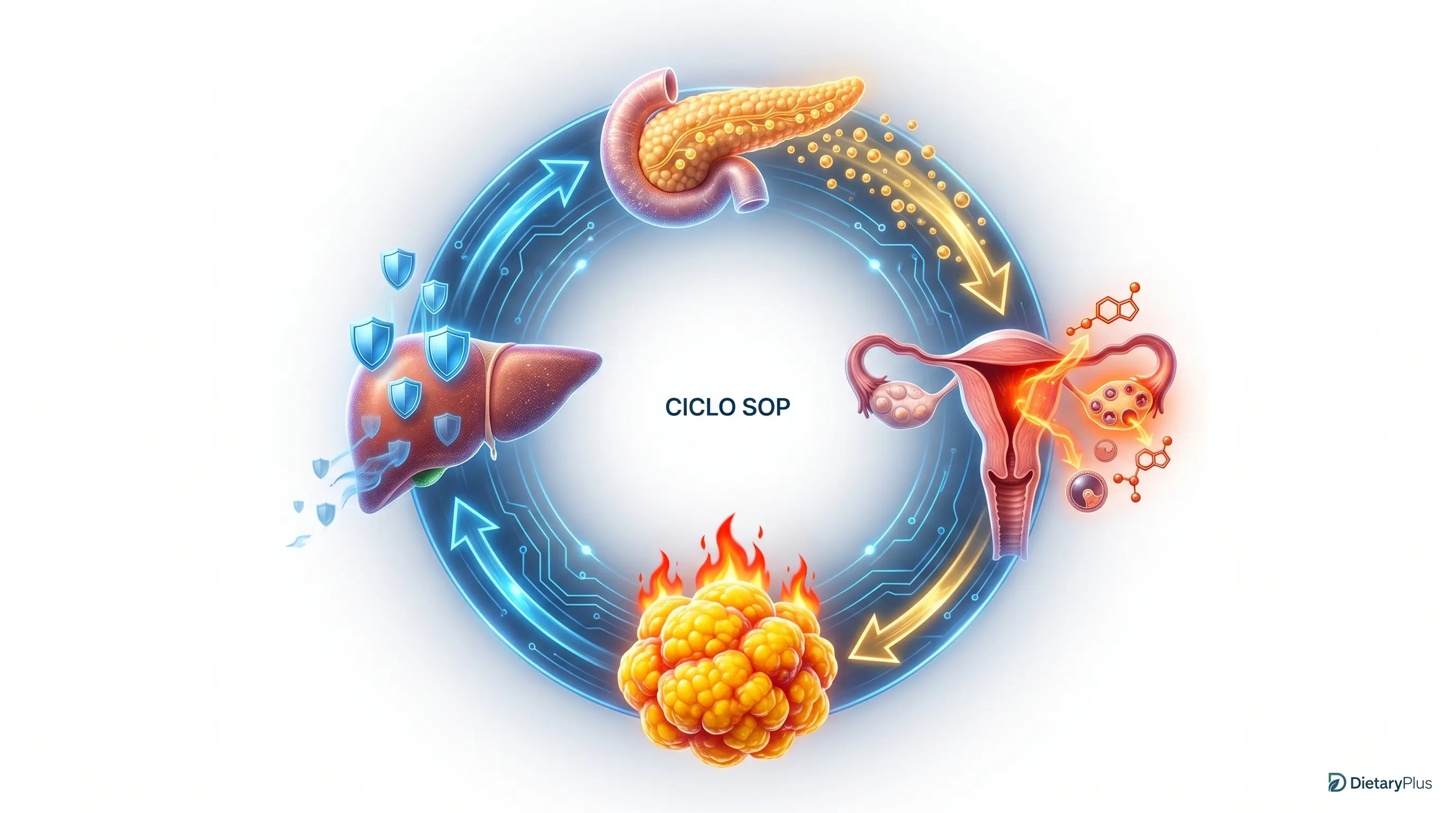 Ciclo del SOP: la insulina elevada estimula andrógenos en los ovarios, la grasa visceral produce inflamación que empeora la resistencia a la insulina y el hígado reduce la SHBG