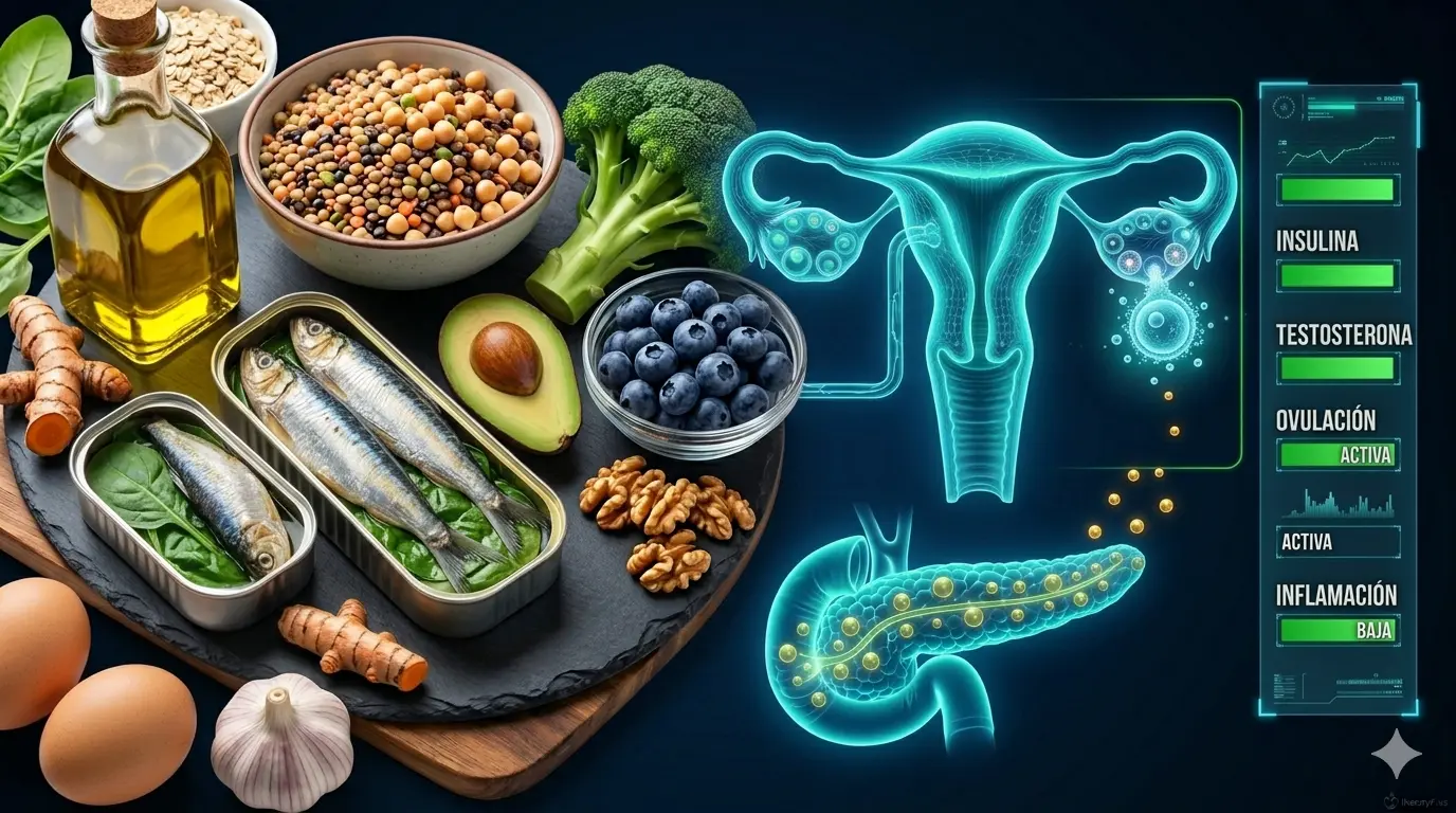 Alimentos para tratar el SOP con nutrición clínica: legumbres, salmón, aguacate, frutos rojos y aceite de oliva que mejoran la sensibilidad a la insulina y restauran la ovulación con el Método Redox