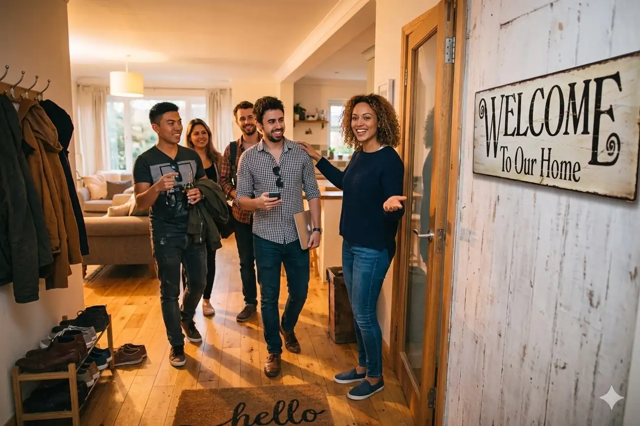 Person welcoming others with open arms