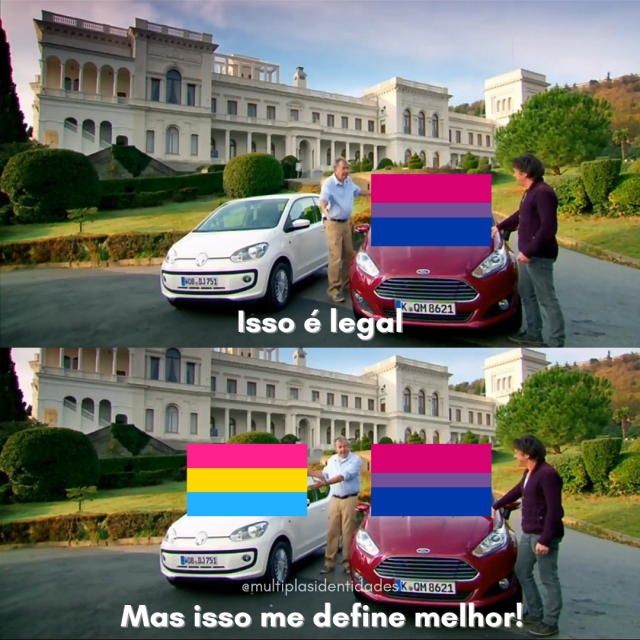 Imagem de duas pessoas e dois carros, um representando a orientação bi e o outro carro representando a orientação pan, em que uma das pessoas diz "isso é legal" apontando para a bandeira bi, "mas isso me define melhor" apontando para a bandeira pan.