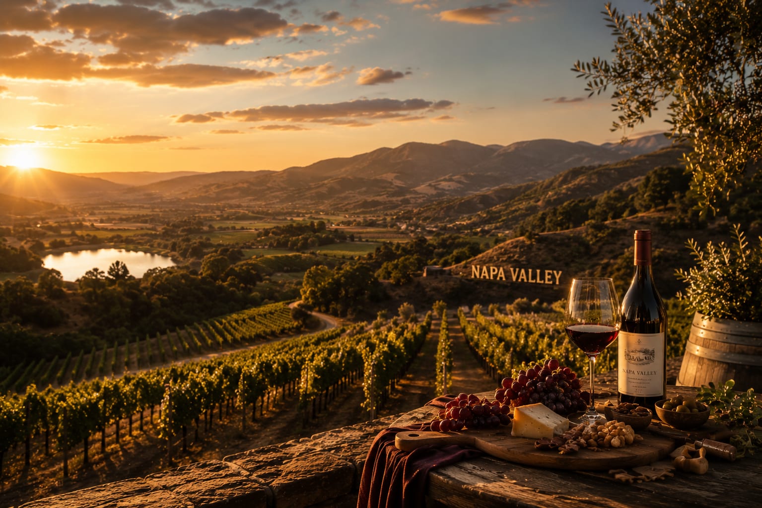 Private Napa Valley wine tour — vineyard rows at golden hour with luxury estate in background