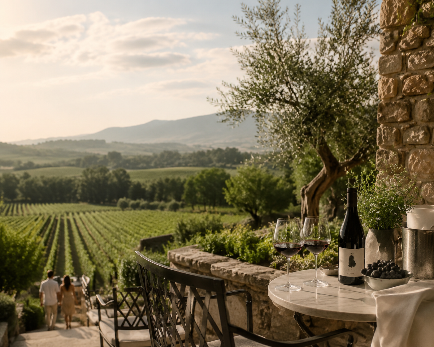 Rows of vineyards under golden afternoon light in St. Helena, Napa Valley