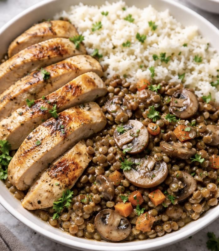 Poêlée lentilles champignons poulet riz