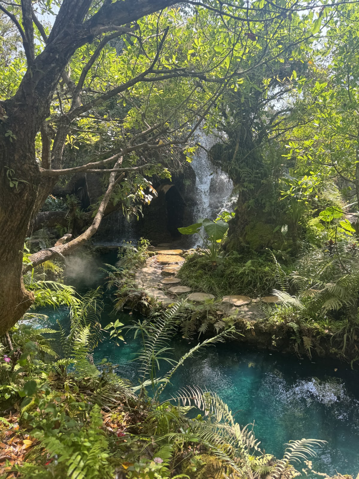 Tropische tuin met turquoise water en waterval bij Chiang Mai Thailand