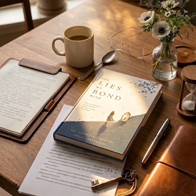 The Lies We Bond With — portrait with the book