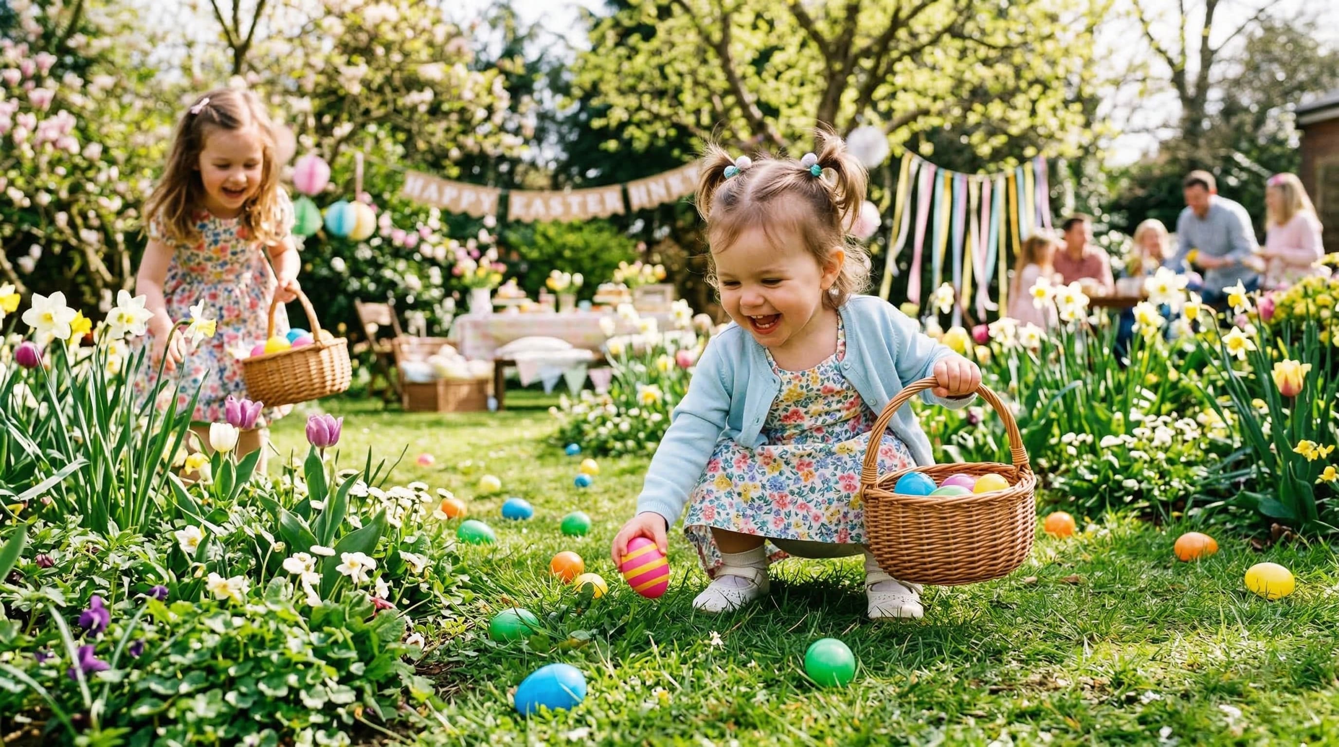 Happy toddler finding colorful Easter eggs in backyard during spring egg hunt