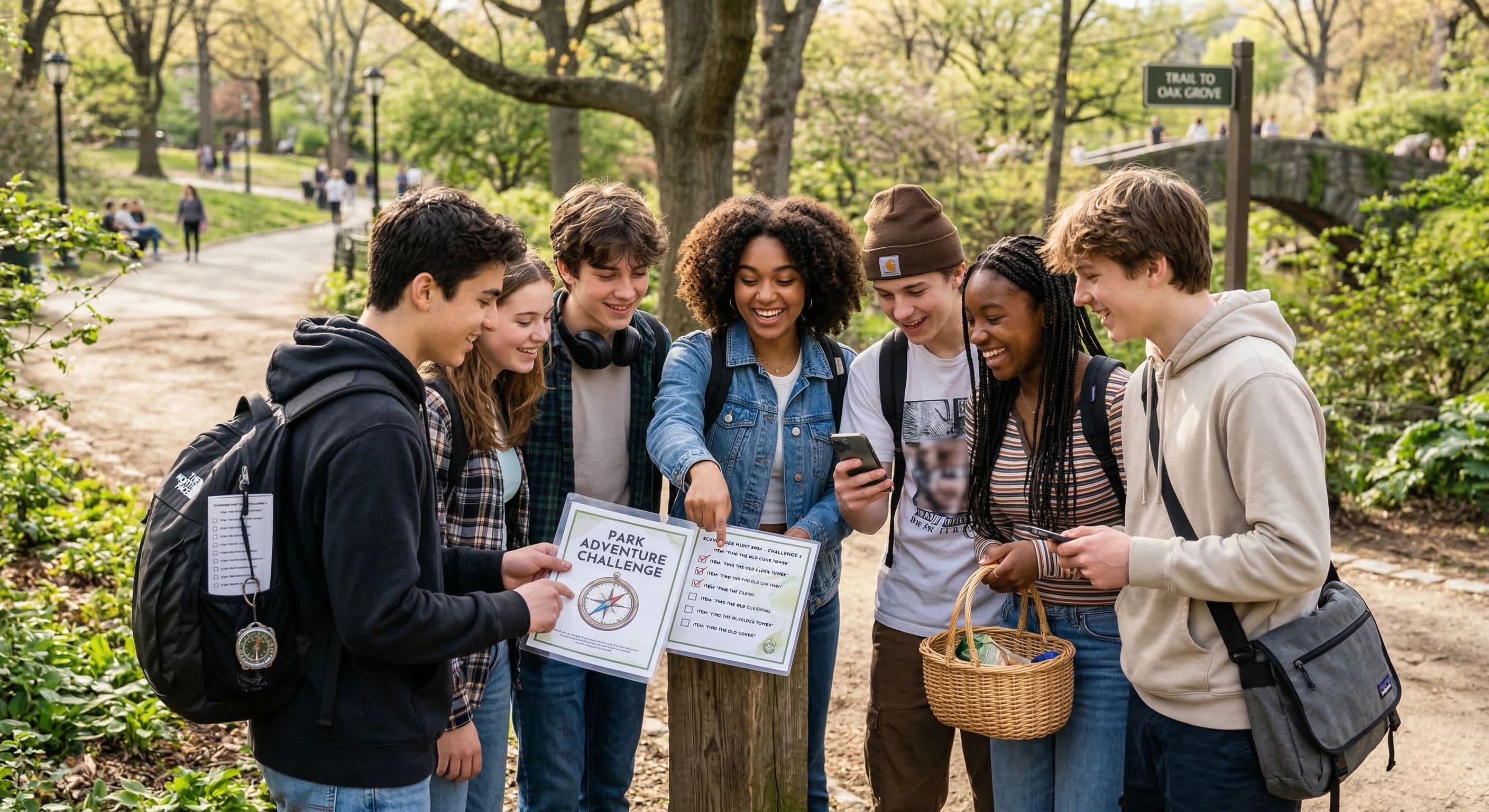 Cool group of teens participating in an outdoor scavenger hunt challenge