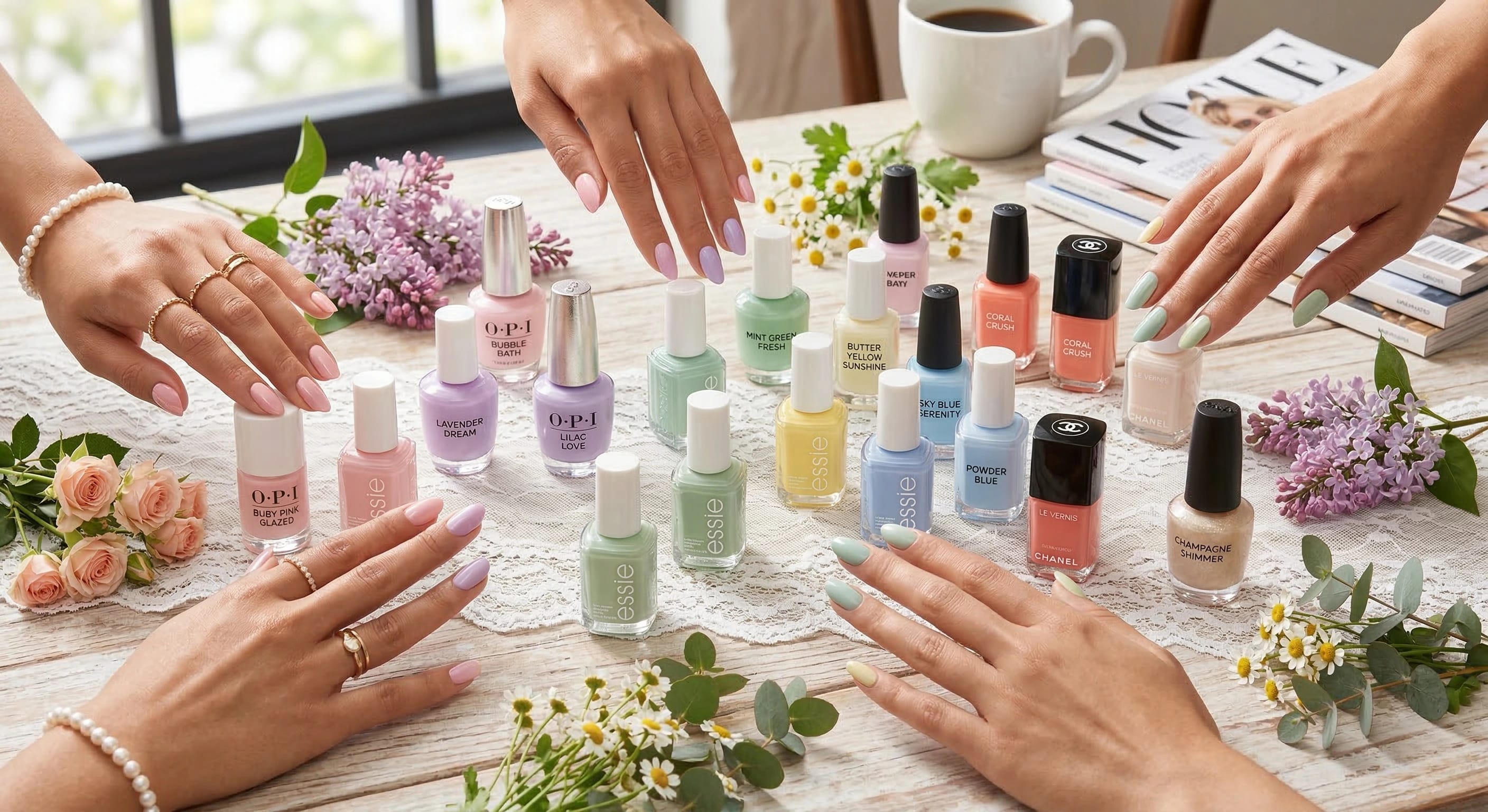 Gemini said Flat lay of hands with pastel manicures reaching for spring 2026 nail polish bottles on a rustic white table with fresh flowers and magazines