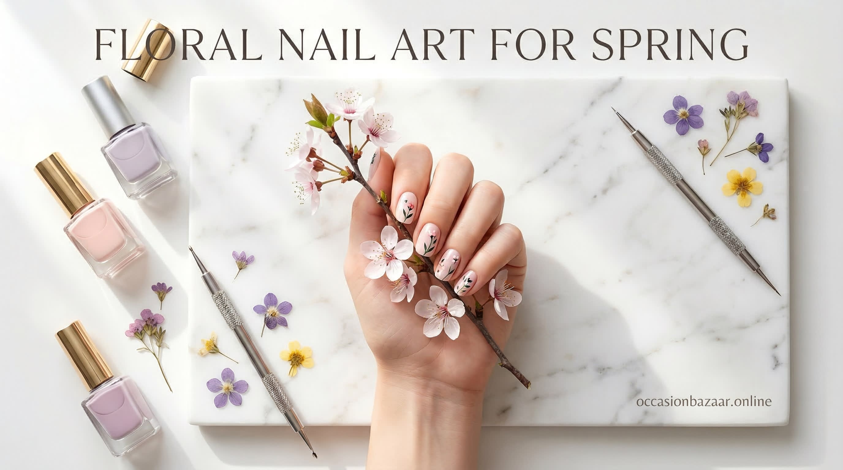 Beautiful floral spring nail art with delicate hand-painted flowers in pastel colors