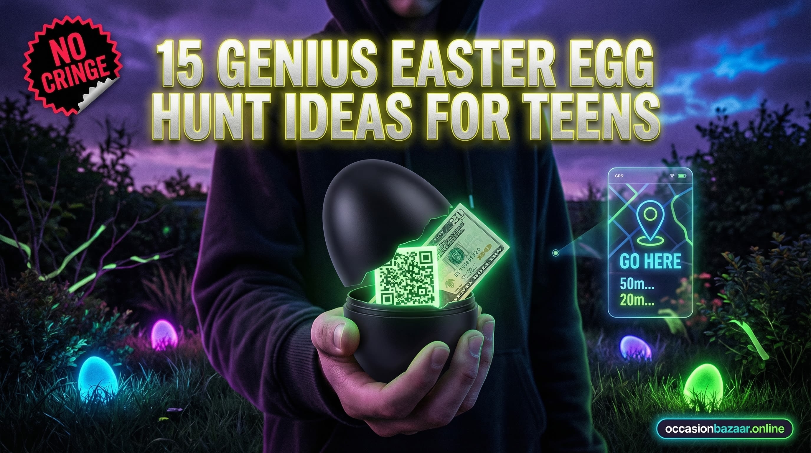 A high-contrast, moody evening garden shot of a teenager's hand holding a cracked-open matte black Easter egg revealing a $20 bill and a glowing QR code, featuring a digital GPS map interface and neon green accents for a high-tech teen scavenger hunt.