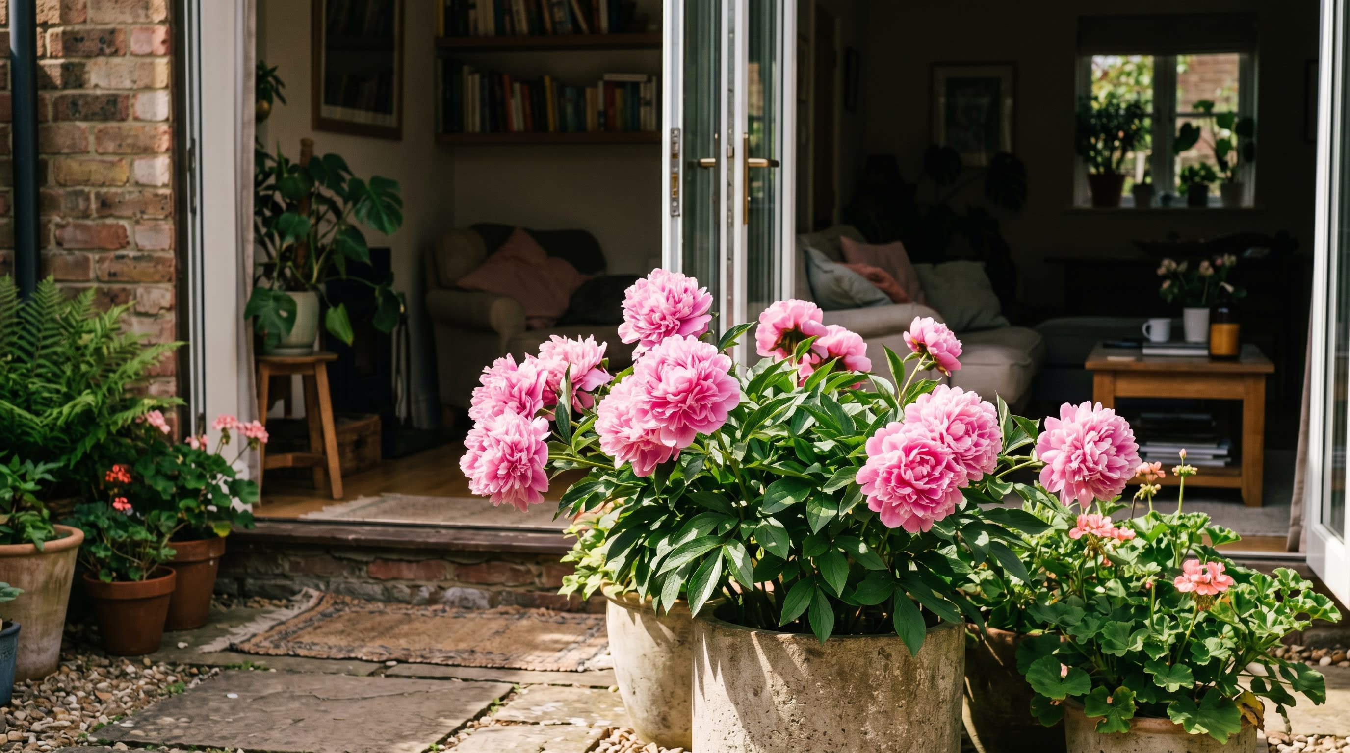Fresh pink peony flowers blooming in a sunny spring garden