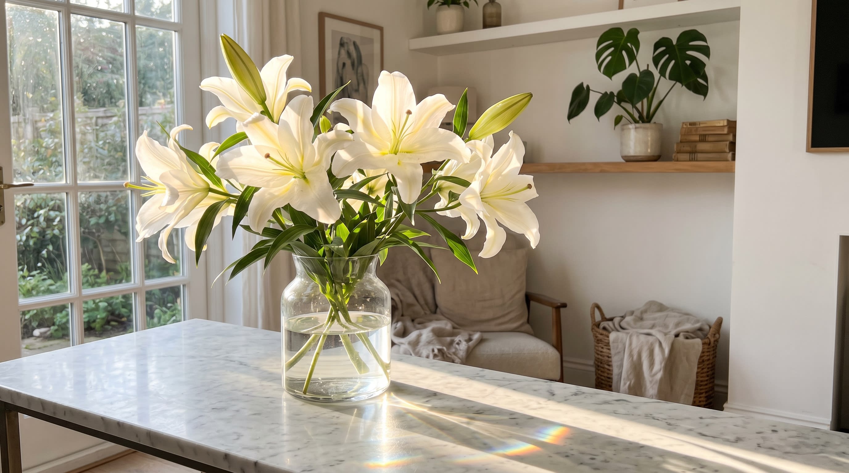 Gorgeous white Casablanca lilies sitting on a marble table