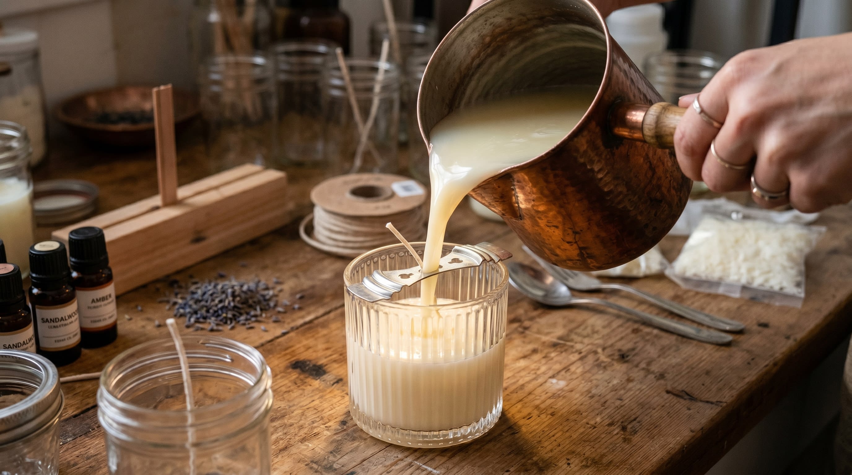 Pouring hot soy wax into a glass jar to make a homemade Mother's Day candle