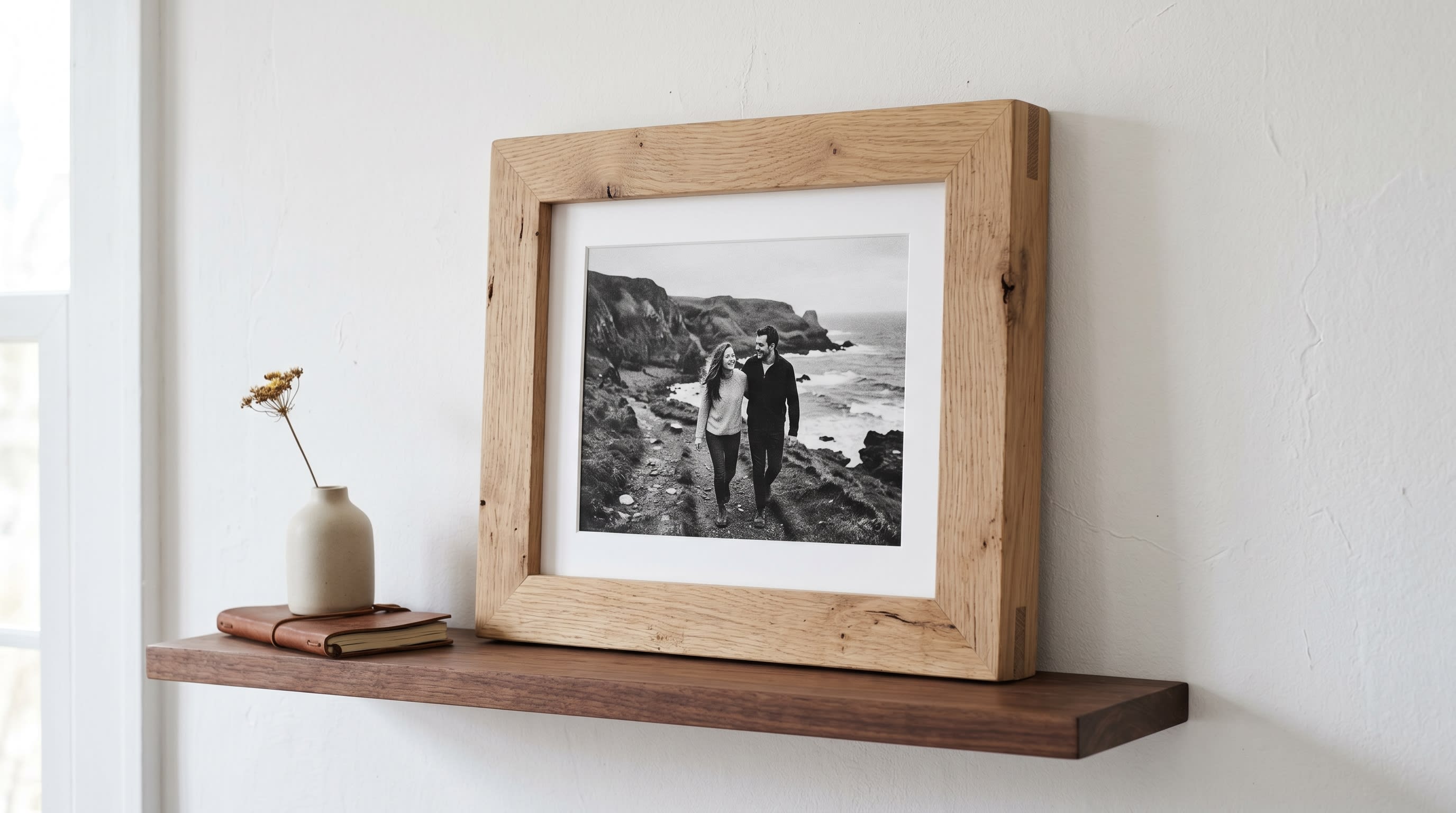 A memorable black and white family photo inside a handmade oak frame