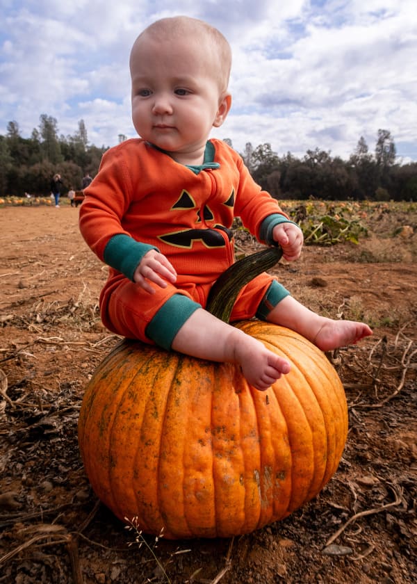 June dressed in a jack-o-lantern onesie, sitting on a pumpkin in the middle of a pumpkin patch field.
