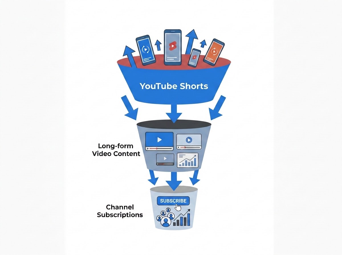 An infographic showing a marketing funnel where the wide top represents YouTube Shorts leading viewers down to long-form video content and eventually channel subscriptions at the narrow bottom, with arrows indicating the flow of traffic.