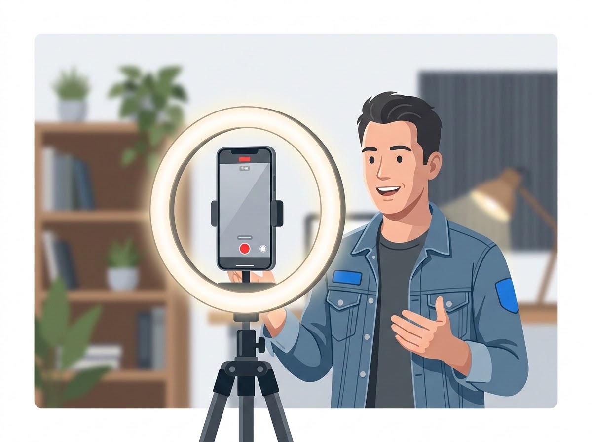 A content creator recording a vertical video using a modern smartphone mounted inside a glowing circular ring light on a tripod, with a blurred office or studio background.