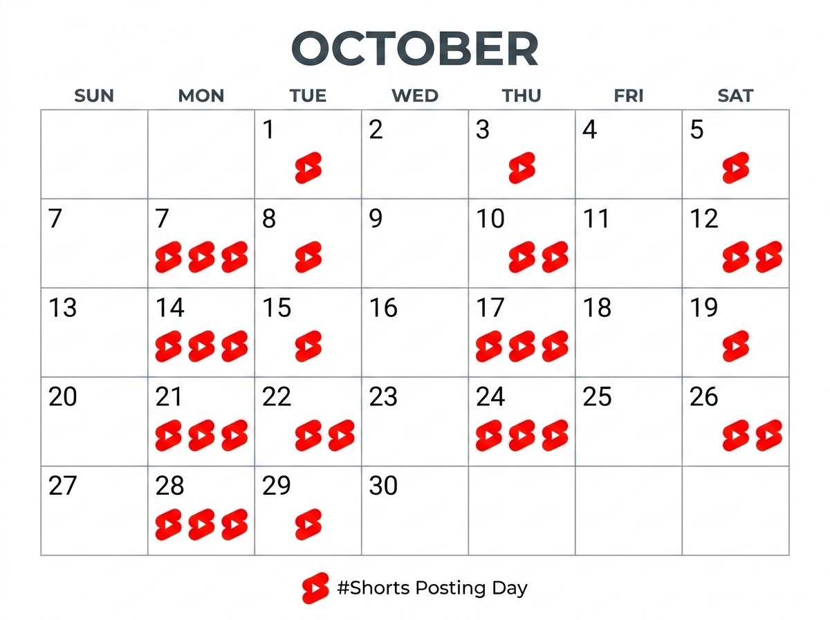 A clean monthly calendar layout with small red YouTube Shorts play icons placed on various days throughout the weeks to represent a frequent and consistent content posting schedule.