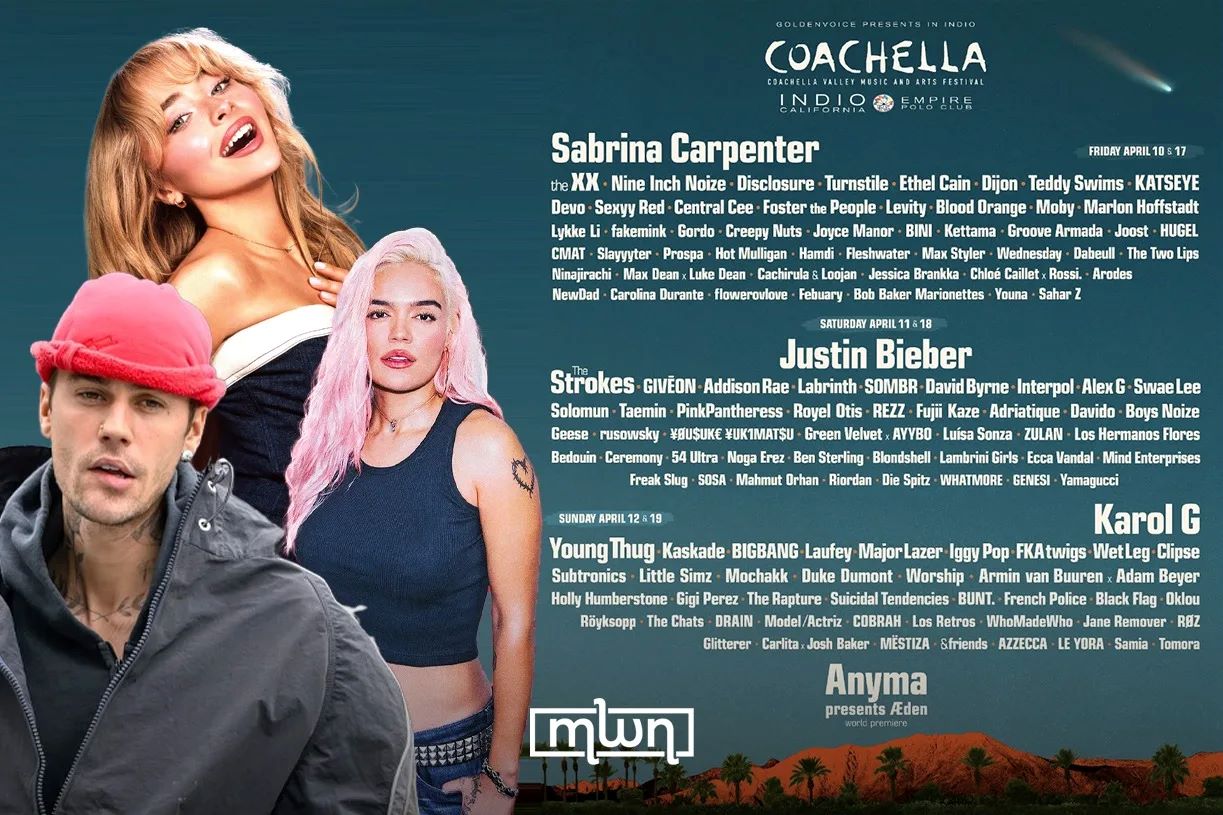 Coachella 2026 Lineup Poster - Justin Bieber and Karol G weekends