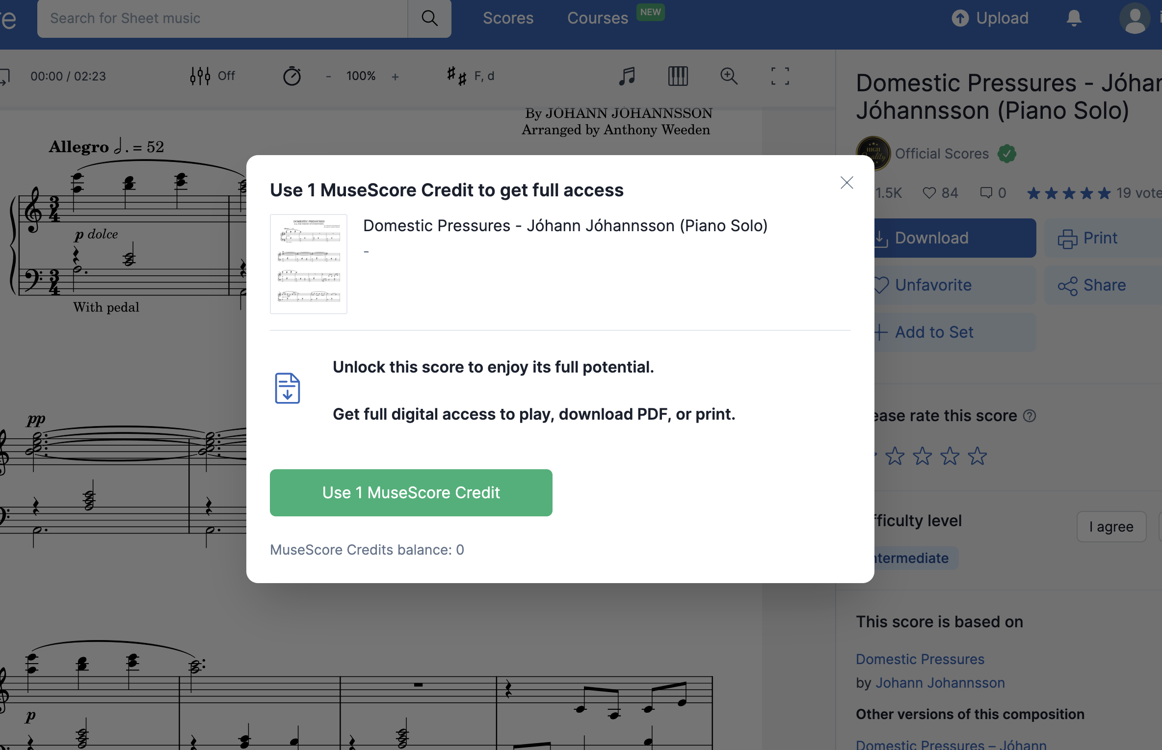 MuseScore Credit Purchase Popup