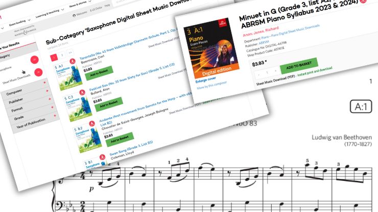 Example of a digital sheet music marketplace homepage showing various scores for sale