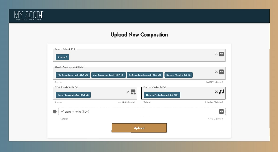 Example of a clean score upload interface used by composers to list new compositions