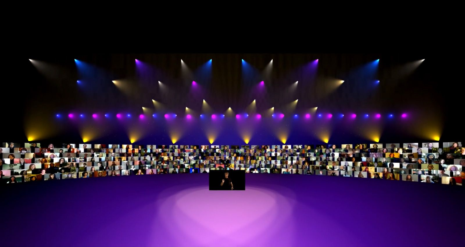 Virtual Choir performance stage with purple lighting and video wall of singers