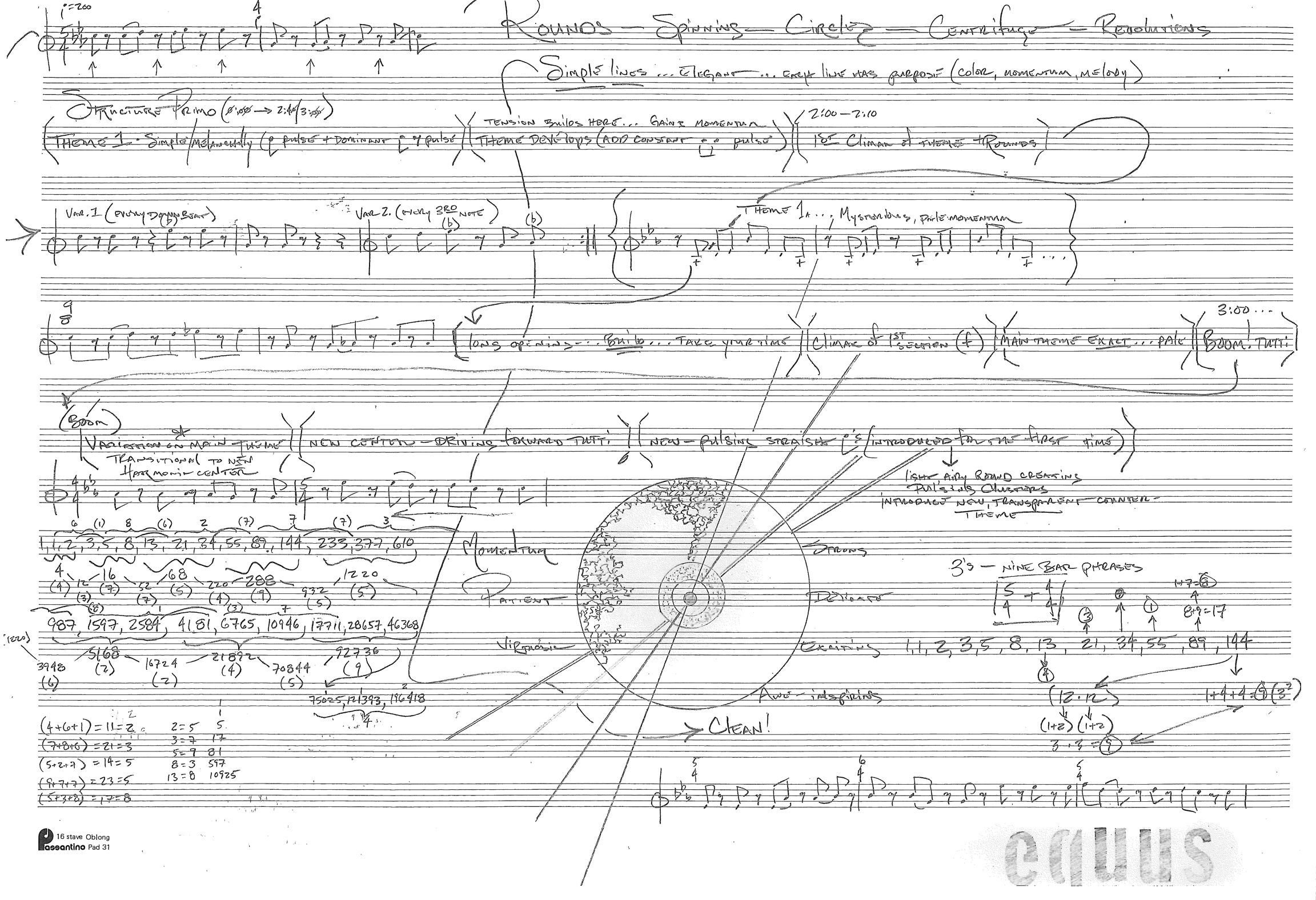 Detailed handwritten musical score with composer annotations