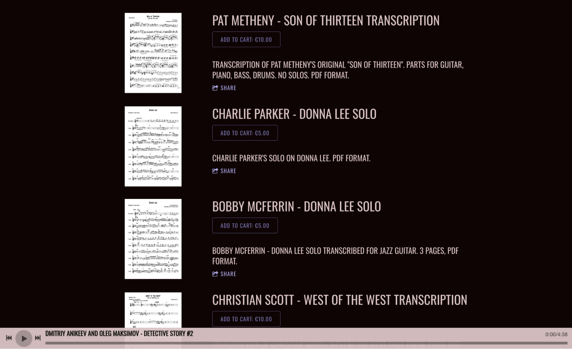 Visual example of a direct artist sheet music storefront (PDF downloads with previews and add-to-cart)