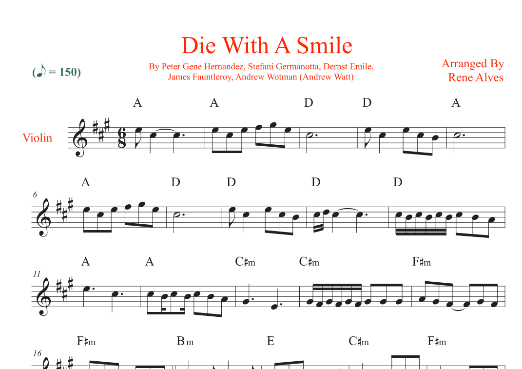 Sample official sheet music page for Die With A Smile arranged by Rene Alves