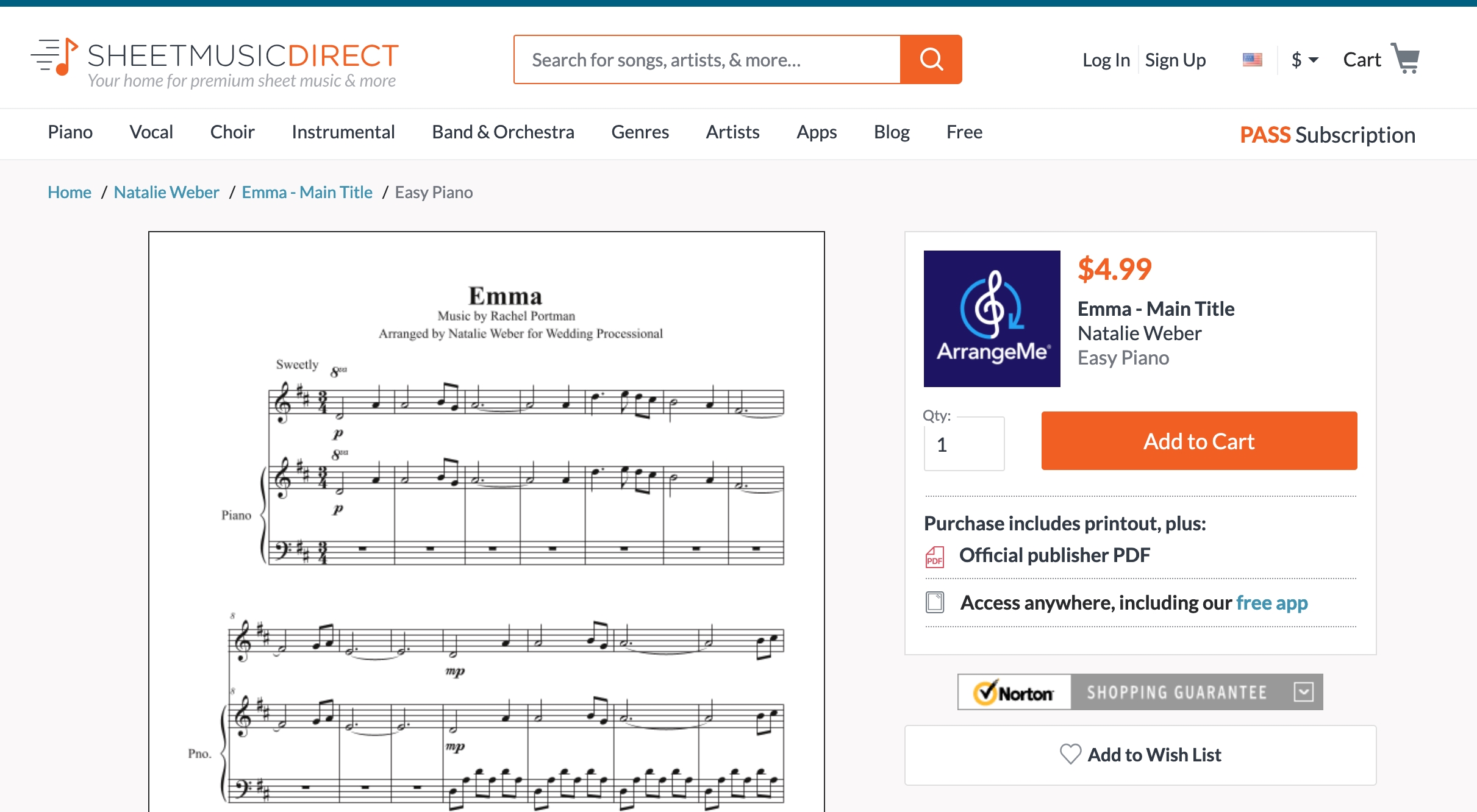 Screenshot of ArrangeMe sheet music product listing on Sheet Music Direct