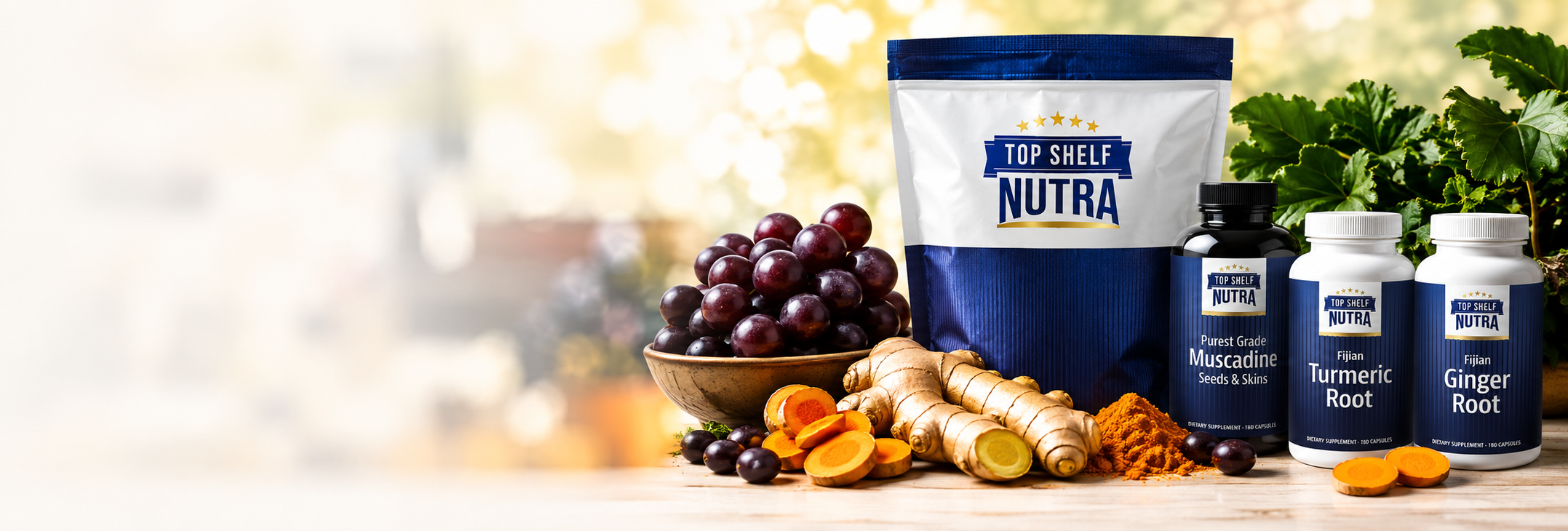TopShelfNutra products arranged with ginger, turmeric, and muscadine grapes.