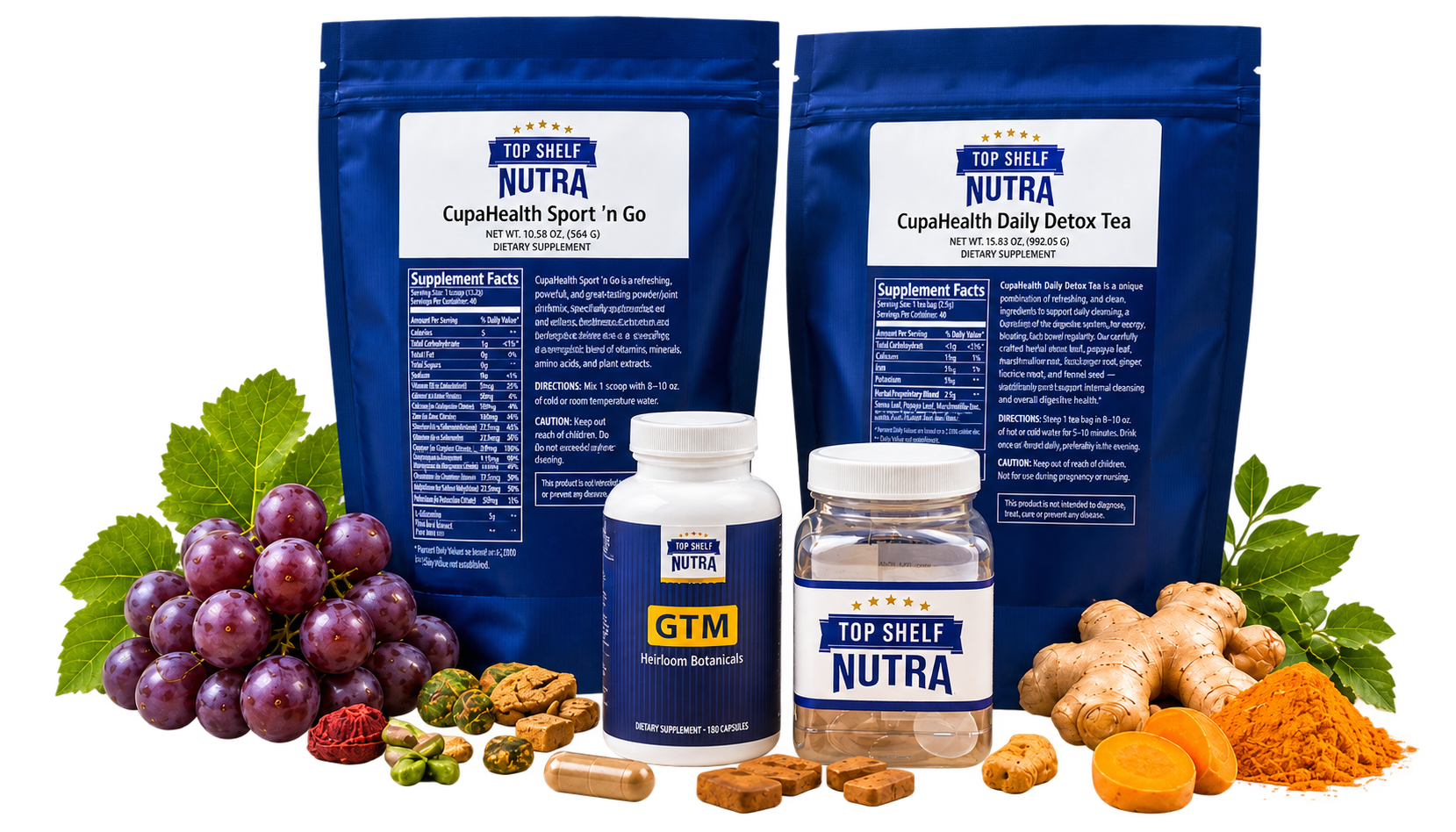 TopShelfNutra Daily Health Pack image showing Sport n’ Go and Daily Detox Tea pouches with visible back labels and GTM.