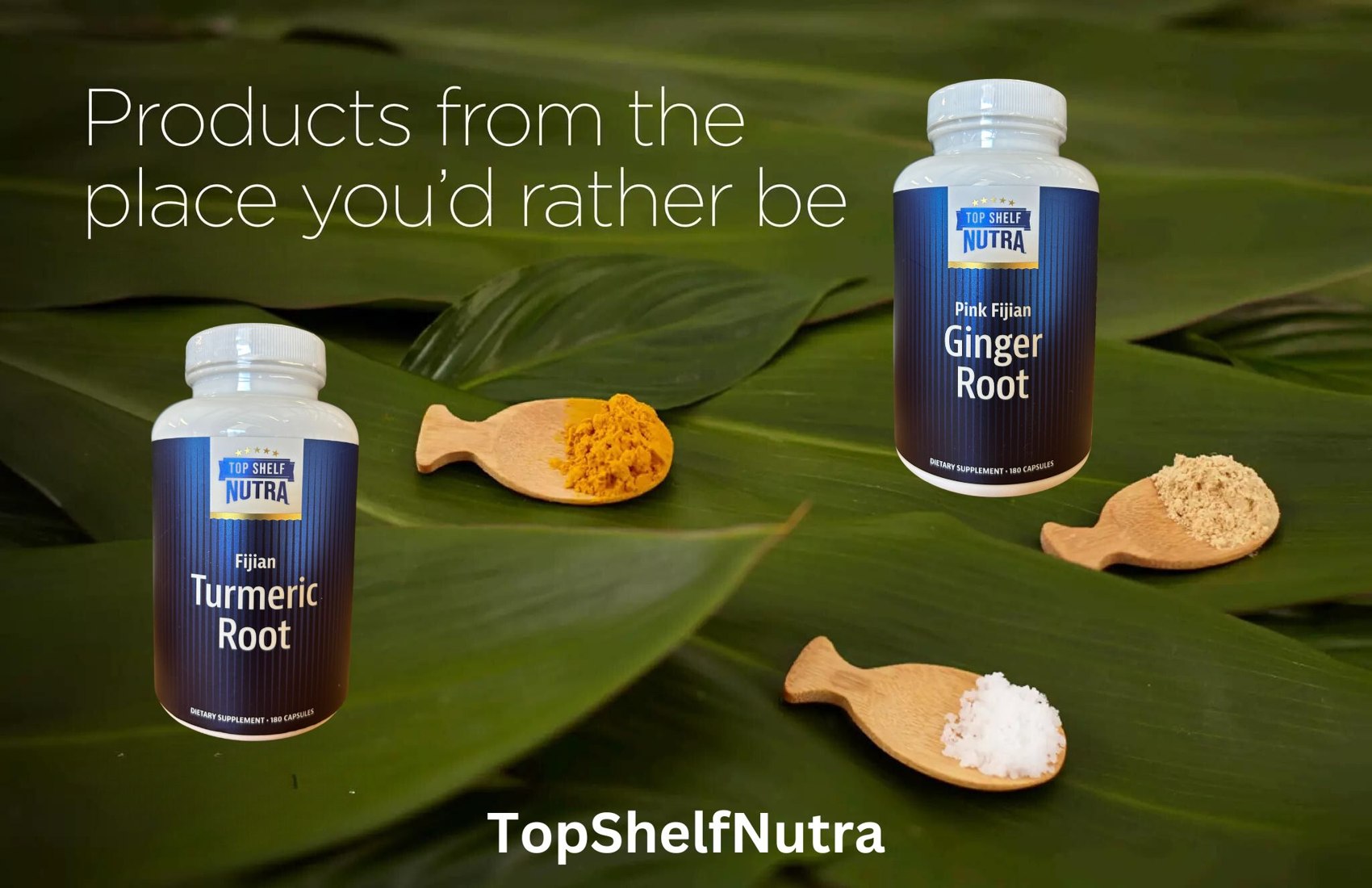TopShelfNutra Fijian Turmeric Root and Pink Fijian Ginger Root capsule bottles displayed with ingredient powders.