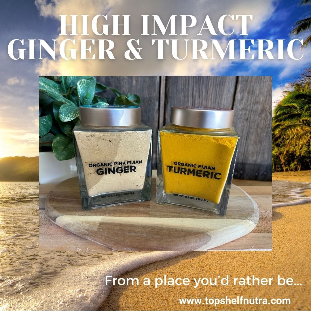Jars labeled Organic Pink Fijian Ginger and Organic Fijian Turmeric in a supplied TopShelfNutra product image.